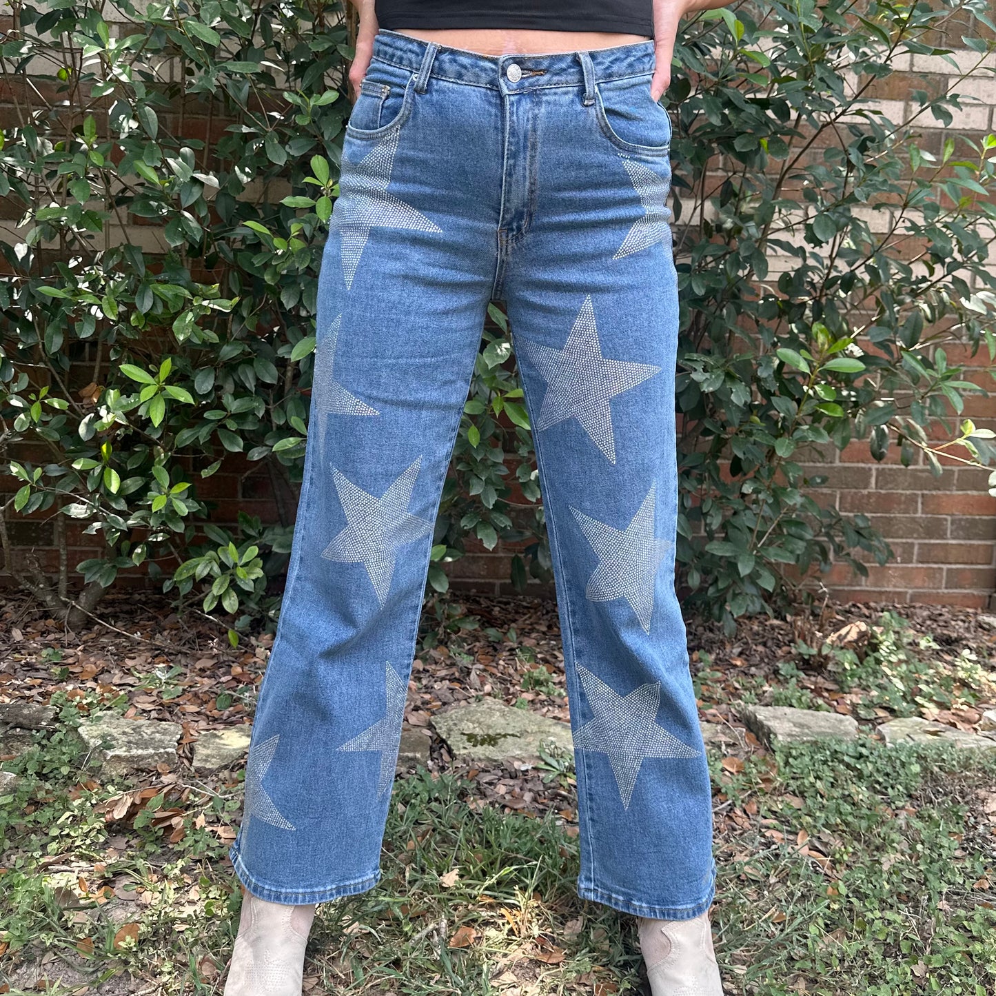 Rhinestone Studded Star Print Stretch Demin Flare Mid Rise
