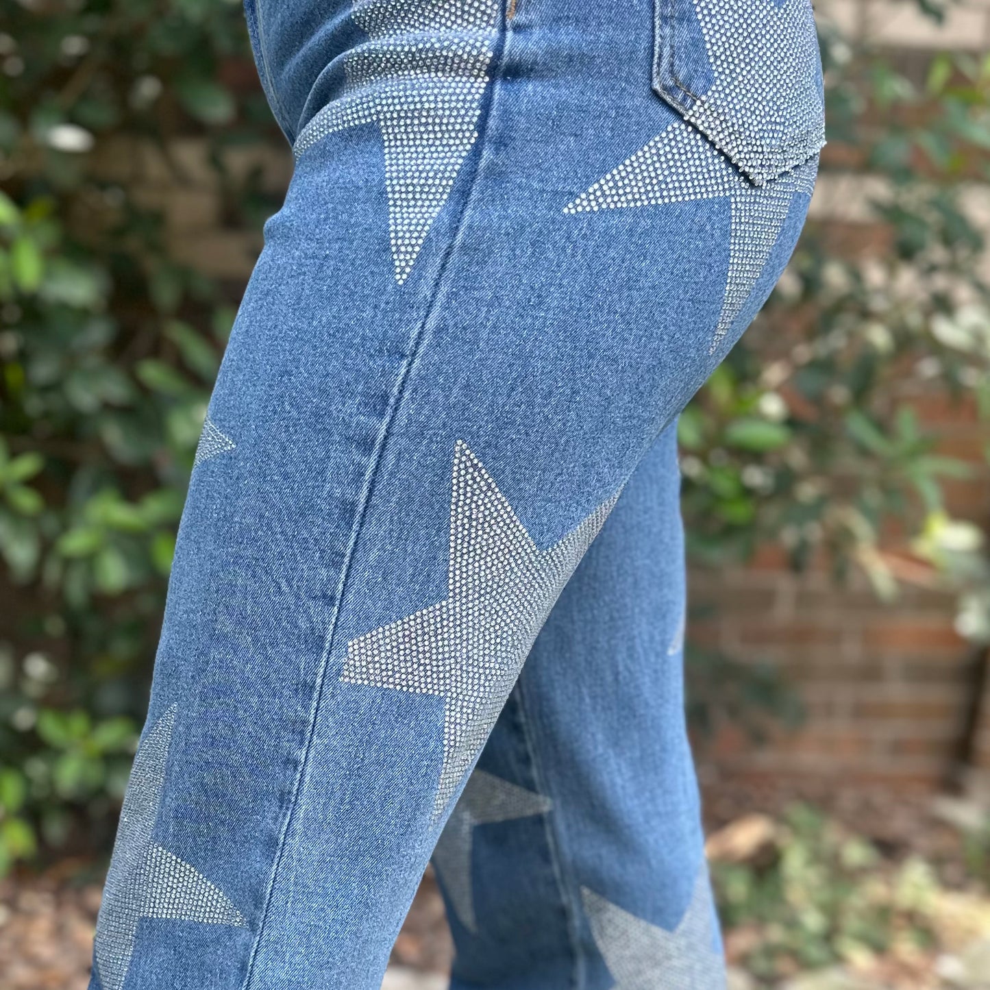 Rhinestone Studded Star Print Stretch Demin Flare Mid Rise