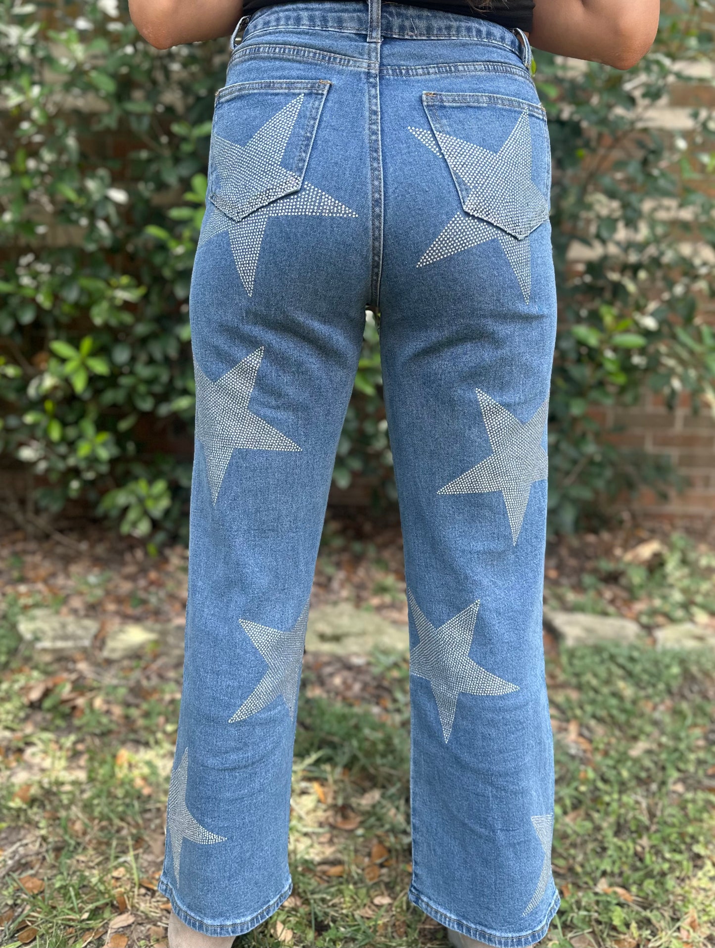 Rhinestone Studded Star Print Stretch Demin Flare Mid Rise