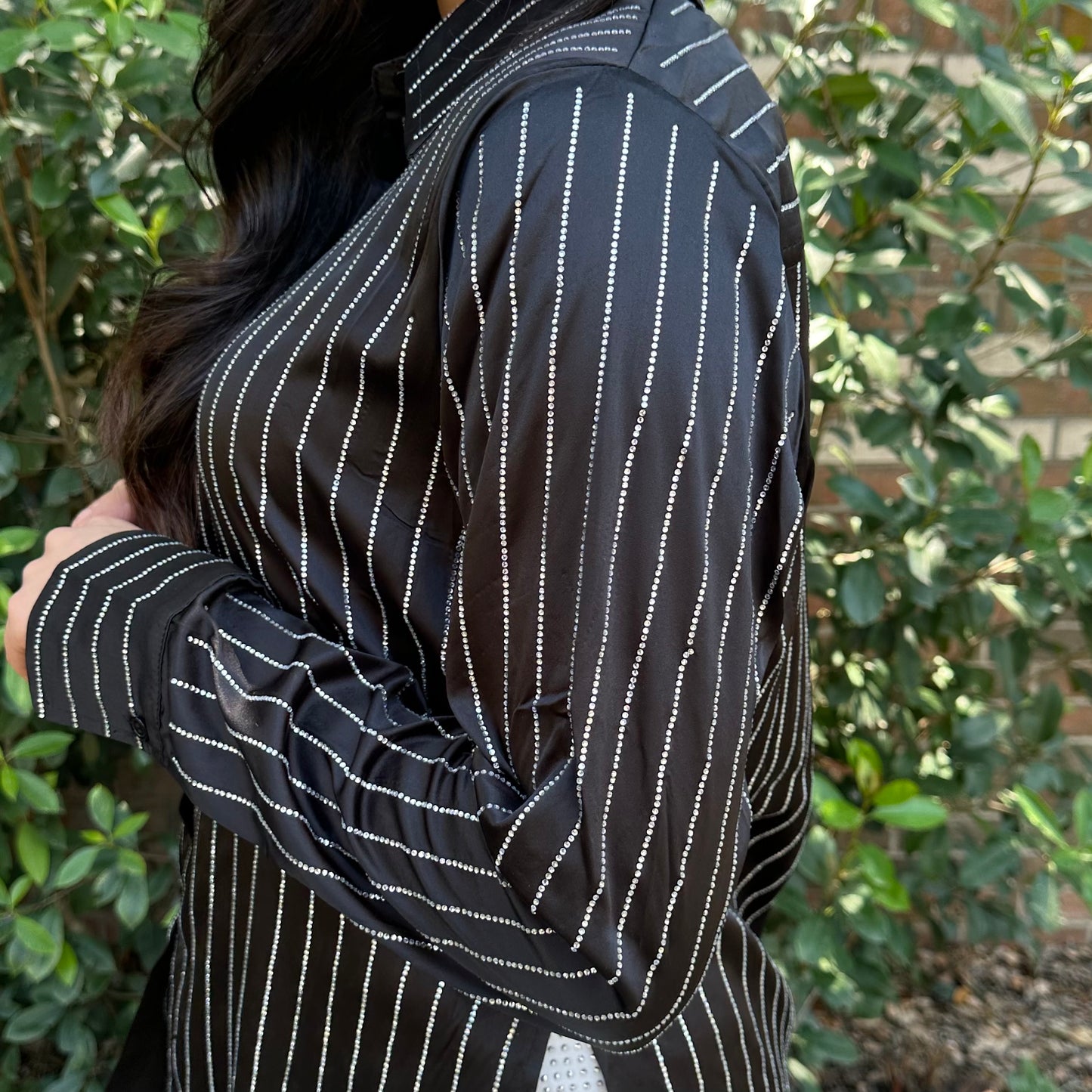 Satin Slim Fit Rhinestone Studded Stripe Side Slit Butt