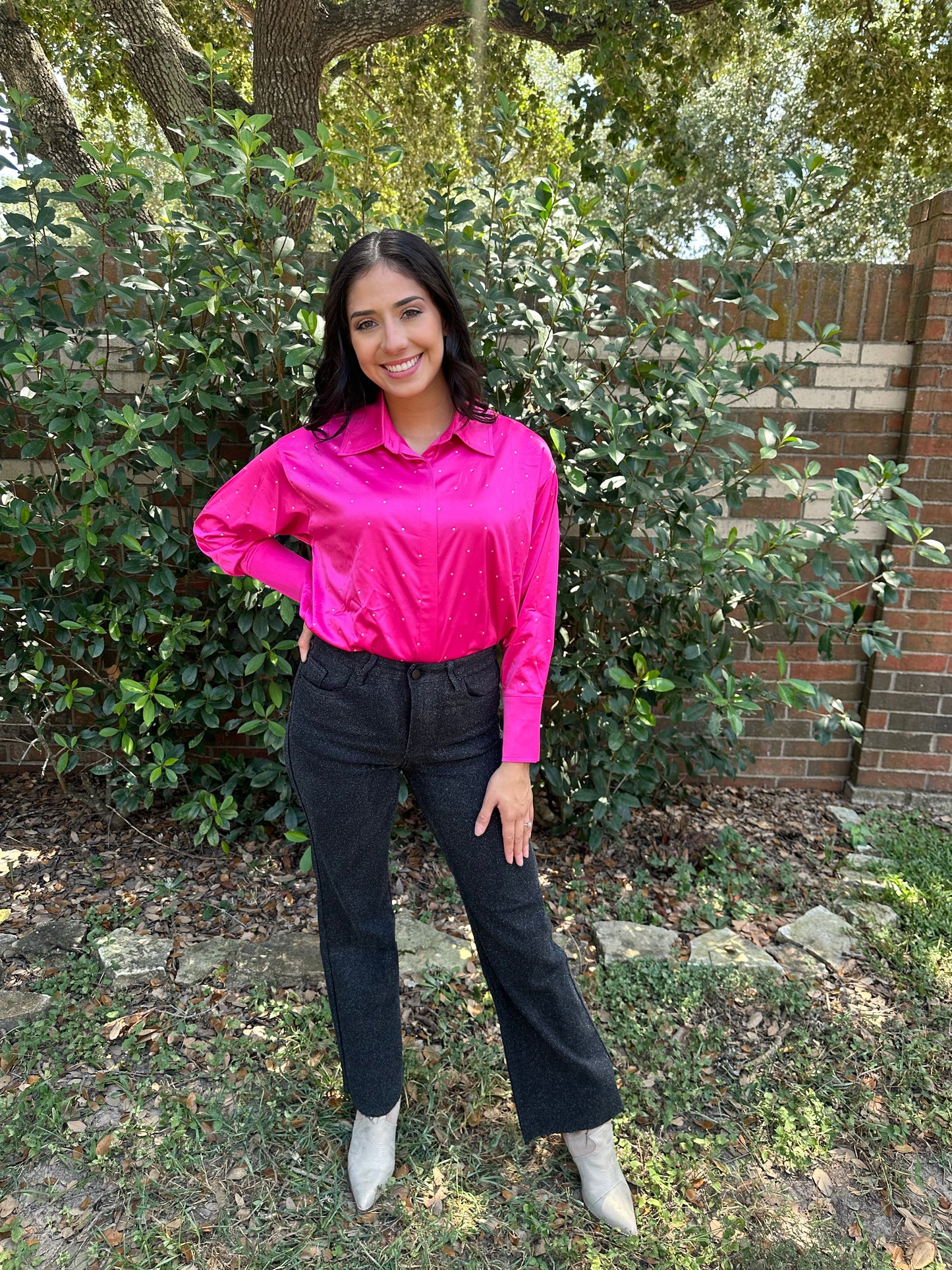 Satin Woven Rhinestone Studded Gem Sparkle Button up
