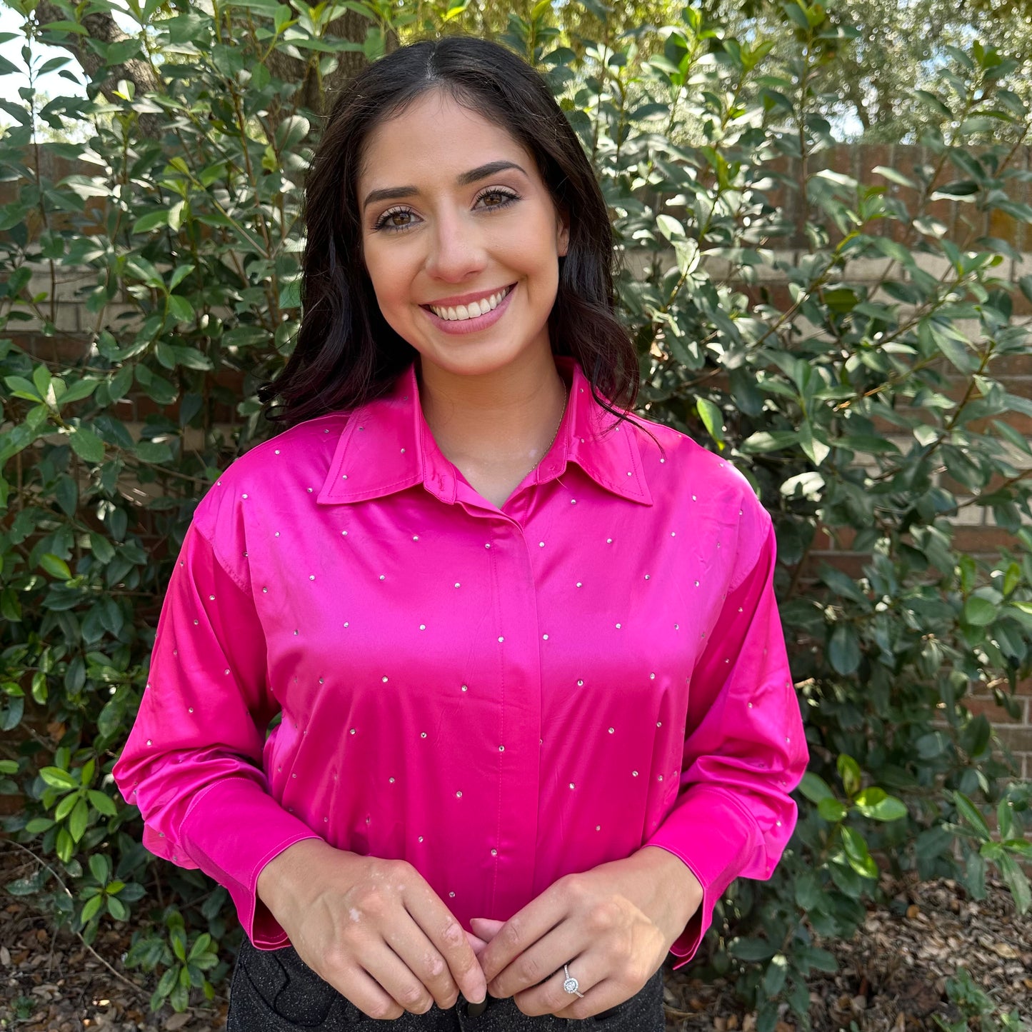 Satin Woven Rhinestone Studded Gem Sparkle Button up