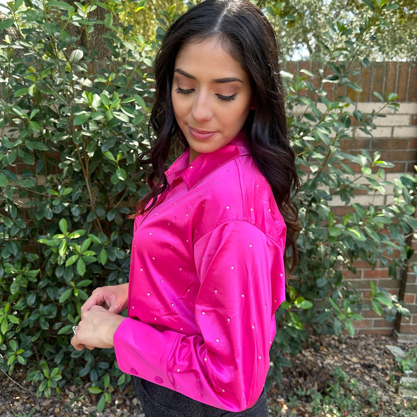 Satin Woven Rhinestone Studded Gem Sparkle Button up