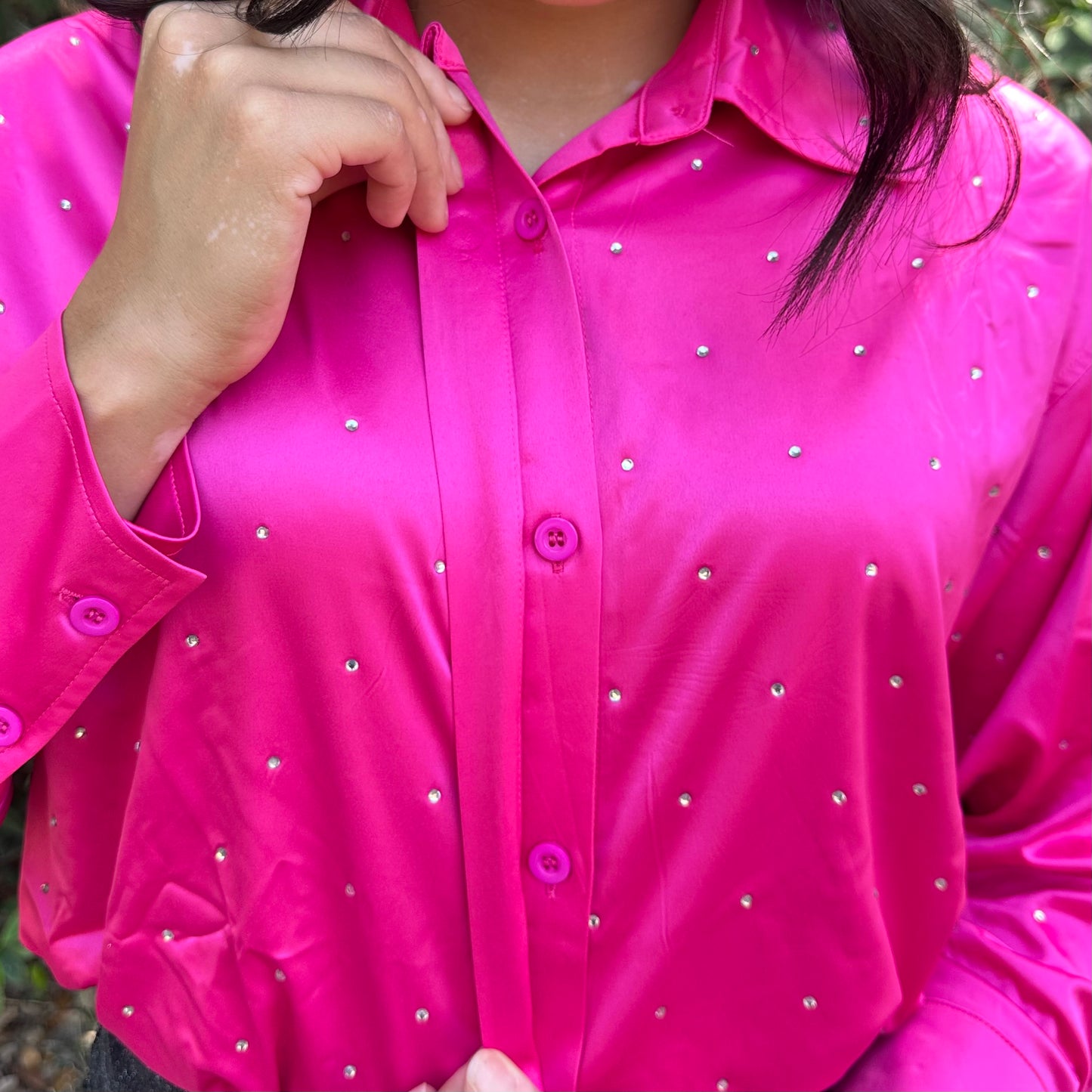 Satin Woven Rhinestone Studded Gem Sparkle Button up
