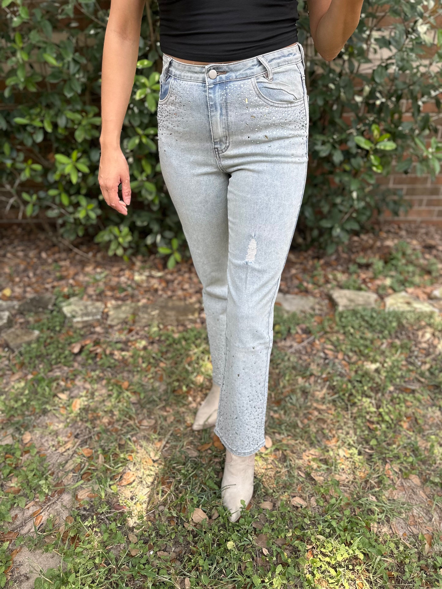High Waisted Rhinestone Embellishment Detail Demin Jean