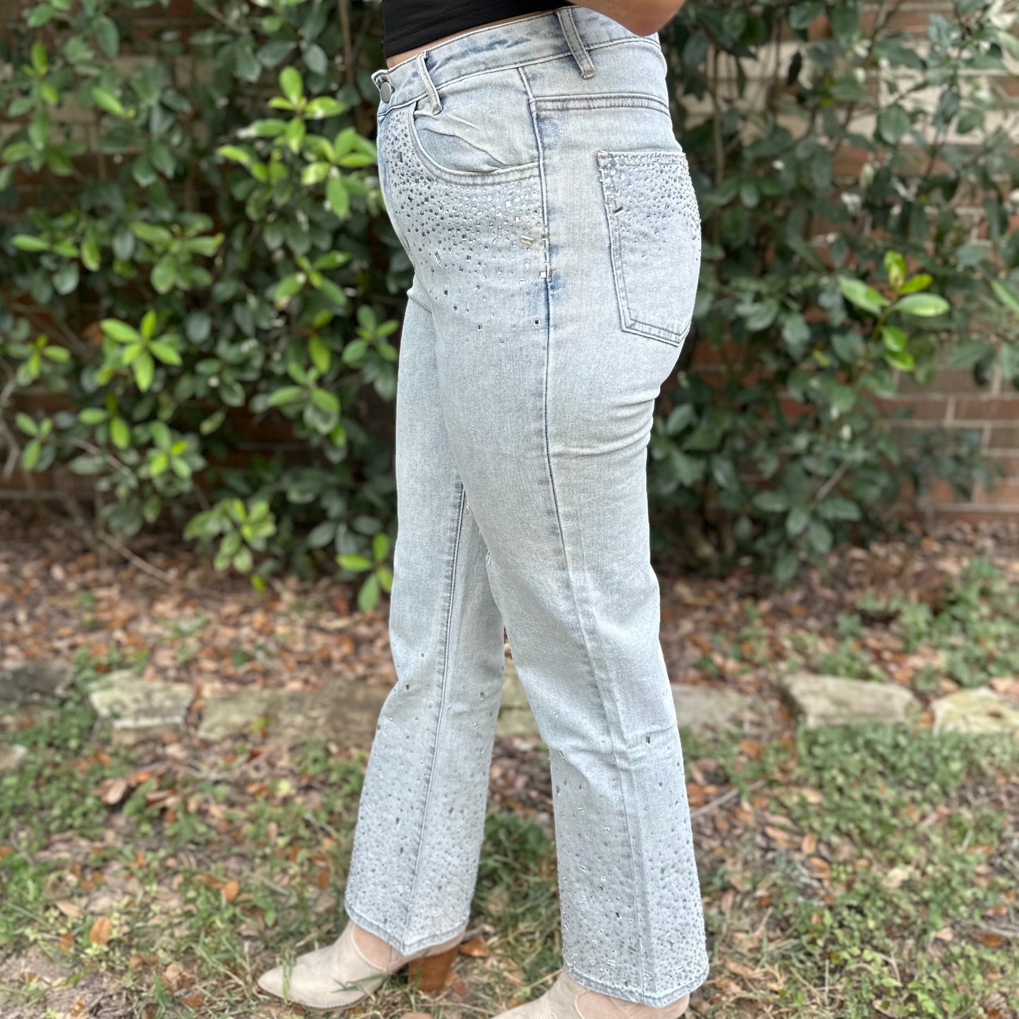 High Waisted Rhinestone Embellishment Detail Demin Jean