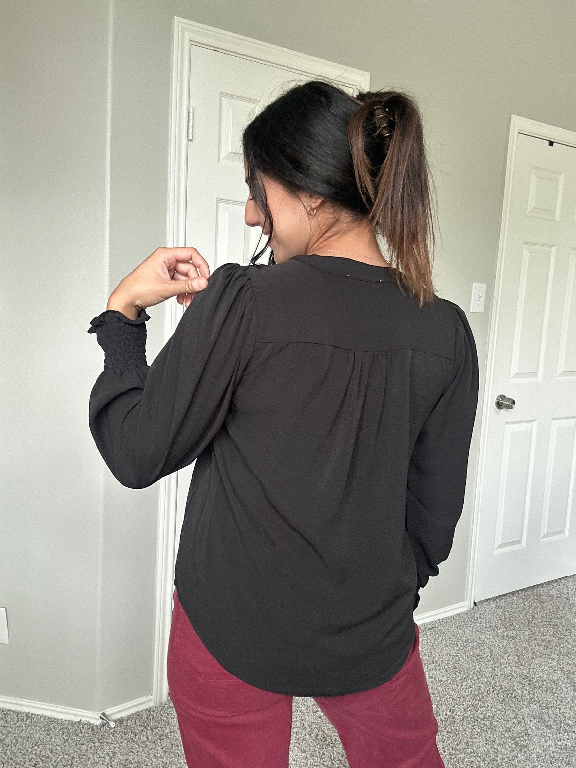 Long Smocked Sleeve Front Pleats Top