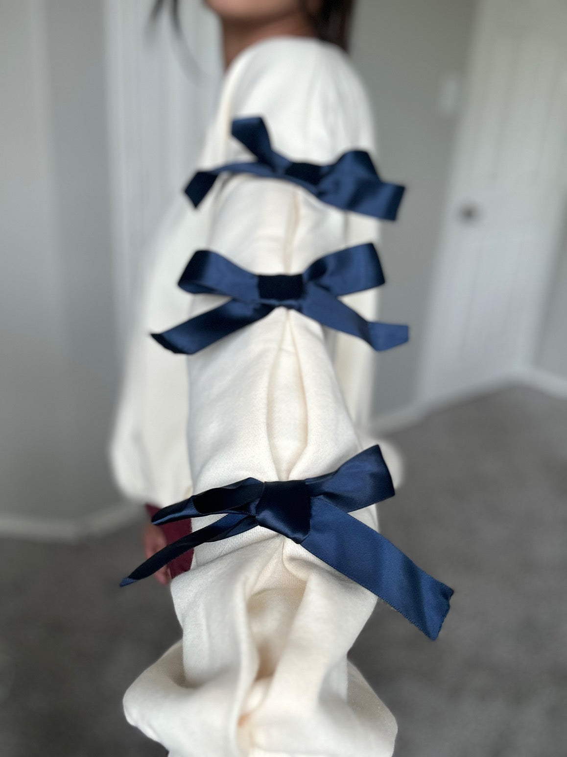 Long Sleeve Knit French Terry Sweatshirt Top with Tied Ribbon