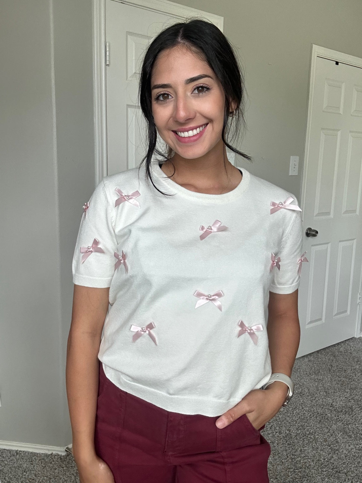 Short Sleeve Sweater with Satin Bow