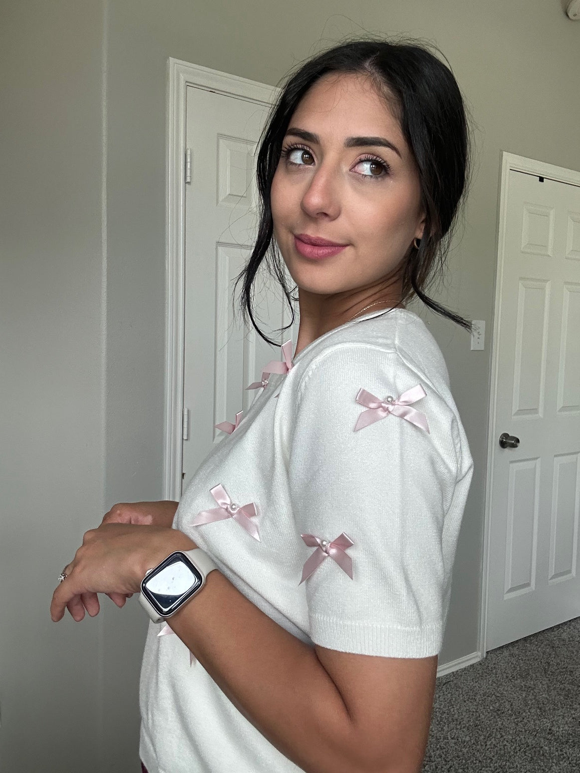 Short Sleeve Sweater with Satin Bow