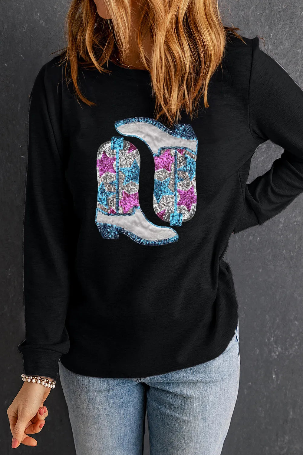 Boots Round Neck Long Sleeve Sweatshirt